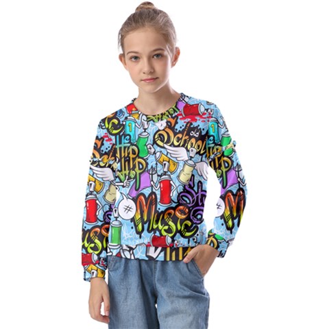 Graffiti Characters Seamless Patterns Kids  Long Sleeve T-shirt With Frill  by Bedest