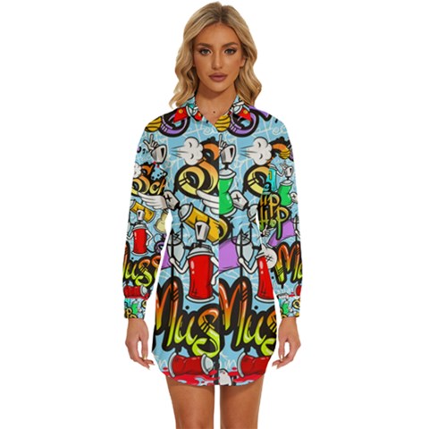 Graffiti Characters Seamless Patterns Womens Long Sleeve Shirt Dress by Bedest