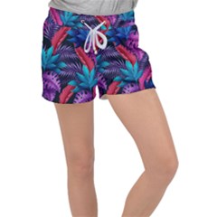 Background With Violet Blue Tropical Leaves Women s Velour Lounge Shorts by Bedest