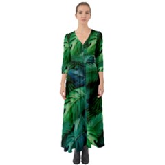 Tropical Green Leaves Background Button Up Boho Maxi Dress by Bedest