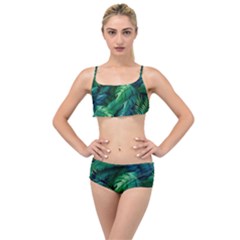 Tropical Green Leaves Background Layered Top Bikini Set by Bedest