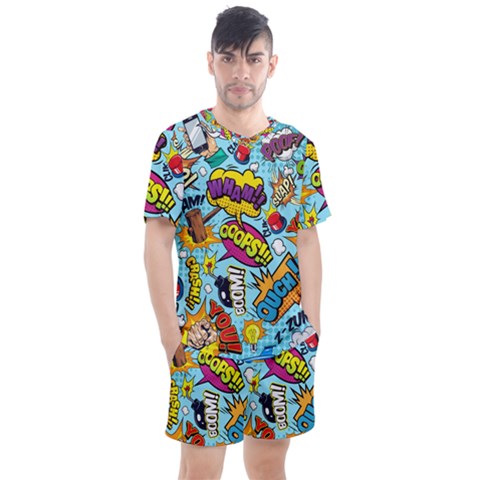 Comic Elements Colorful Seamless Pattern Men s Mesh T-shirt And Shorts Set by Bedest