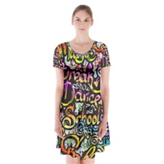 Graffiti Word Seamless Pattern Short Sleeve V-neck Flare Dress by Bedest