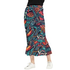 Vintage Tattoos Colorful Seamless Pattern Maxi Fishtail Chiffon Skirt by Bedest