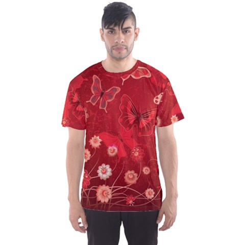 Four Red Butterflies With Flower Illustration Butterfly Flowers Men s Sport Mesh T-shirt by Pakjumat