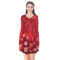 Four Red Butterflies With Flower Illustration Butterfly Flowers Long Sleeve V-neck Flare Dress by Pakjumat