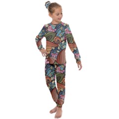 Multicolored Flower Decor Flowers Patterns Leaves Colorful Kids  Long Sleeve Set  by Pakjumat