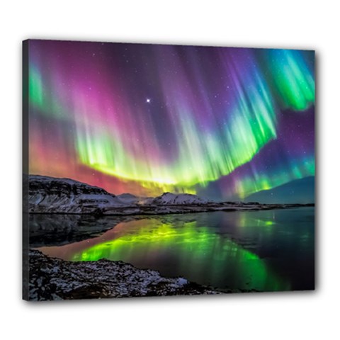 Aurora Borealis Polar Northern Lights Natural Phenomenon North Night Mountains Canvas 24  X 20  (stretched) by Pakjumat