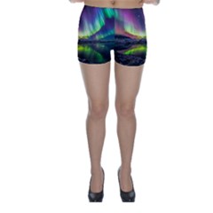 Aurora Borealis Polar Northern Lights Natural Phenomenon North Night Mountains Skinny Shorts by Pakjumat