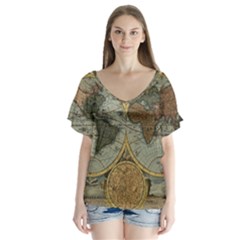 Vintage World Map Travel Geography V-neck Flutter Sleeve Top by Pakjumat