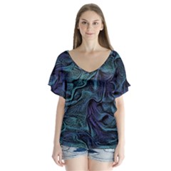 Abstract Blue Wave Texture Patten V-neck Flutter Sleeve Top by Pakjumat