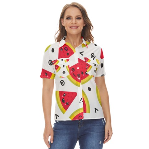 Cute Smiling Watermelon Seamless Pattern White Background Women s Short Sleeve Double Pocket Shirt by Pakjumat