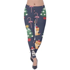 Boston Terrier Welsh Corgi Puppies Seamless Pattern Wallpaper Velvet Leggings by Pakjumat