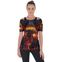 Dragon Fire Fantasy Art Shoulder Cut Out Short Sleeve Top by Maspions