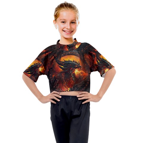 Dragon Fire Fantasy Art Kids Mock Neck T-shirt by Maspions