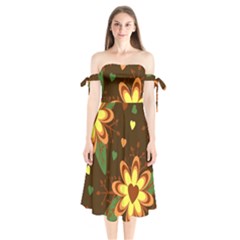 Floral Hearts Brown Green Retro Shoulder Tie Bardot Midi Dress by Hannah976