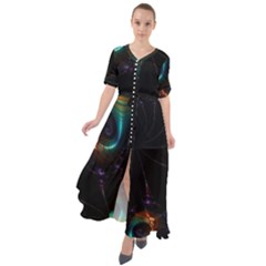 Fractal Transfer Metallic Black Waist Tie Boho Maxi Dress by Hannah976