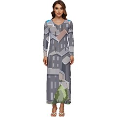 Village Place Portugal Landscape Long Sleeve Longline Maxi Dress by Hannah976