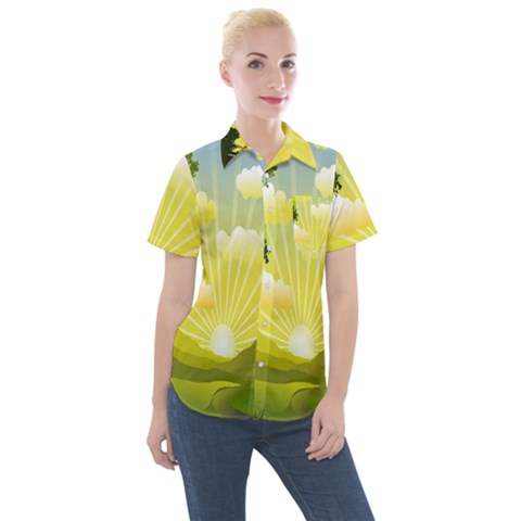 Wallpaper Background Landscape Women s Short Sleeve Pocket Shirt by Hannah976