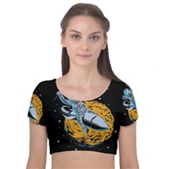 Astronaut Planet Space Science Velvet Short Sleeve Crop Top  by Sarkoni