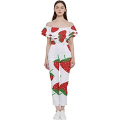 Seamless Pattern Fresh Strawberry Bardot Ruffle Jumpsuit by Sarkoni