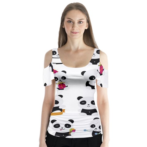 Playing Pandas Cartoons Butterfly Sleeve Cutout T-shirt  by Apen