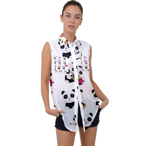 Playing Pandas Cartoons Sleeveless Chiffon Button Shirt by Apen