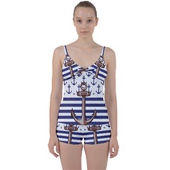 Anchor Background Design Tie Front Two Piece Tankini by Apen