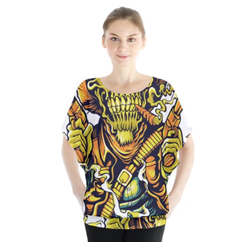 Cowboy Skeleton With Gun Illustration Batwing Chiffon Blouse by Sarkoni