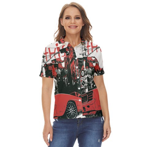 Cars City Fear This Poster Women s Short Sleeve Double Pocket Shirt by Sarkoni