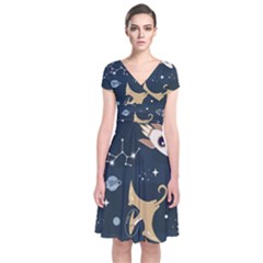 Space Theme Art Pattern Design Wallpaper Short Sleeve Front Wrap Dress by Proyonanggan