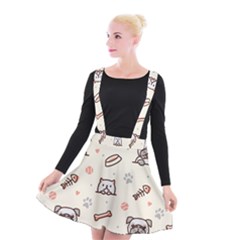 Pug Dog Cat With Bone Fish Bones Paw Prints Ball Seamless Pattern Vector Background Suspender Skater Skirt by Bedest