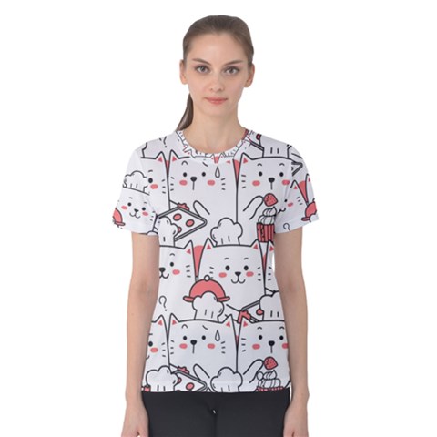 Cute Cat Chef Cooking Seamless Pattern Cartoon Women s Cotton T-shirt by Bedest