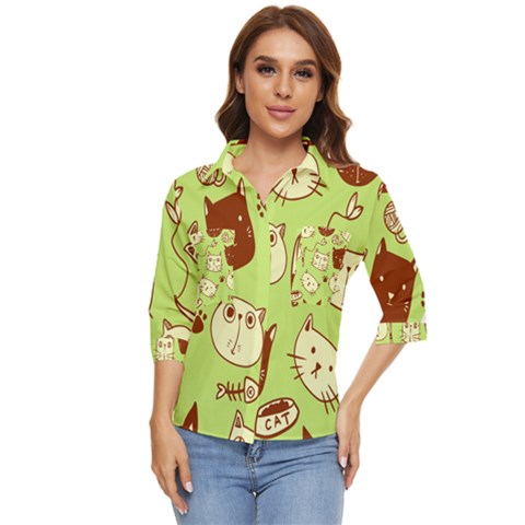 Cute Hand Drawn Cat Seamless Pattern Women s Quarter Sleeve Pocket Shirt by Bedest