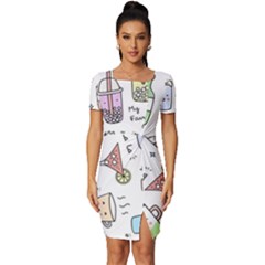 Drinks Cocktails Doodles Coffee Fitted Knot Split End Bodycon Dress by Apen