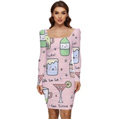 Drink Cocktail Doodle Coffee Women Long Sleeve Ruched Stretch Jersey Dress by Apen