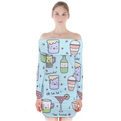 Drinks Cocktails Doodle Coffee Long Sleeve Off Shoulder Dress by Apen