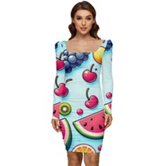 Fruits Sweet Pattern Women Long Sleeve Ruched Stretch Jersey Dress by Ravend