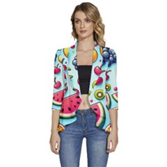 Fruits Sweet Pattern Women s 3/4 Sleeve Ruffle Edge Open Front Jacket by Ravend