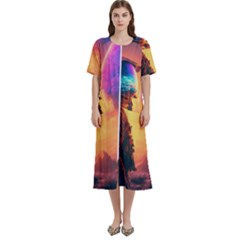 Illustration Trippy Psychedelic Astronaut Landscape Planet Mountains Women s Cotton Short Sleeve Night Gown by Sarkoni