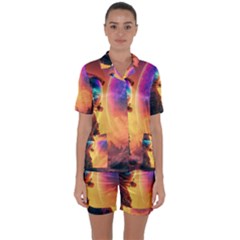 Illustration Trippy Psychedelic Astronaut Landscape Planet Mountains Satin Short Sleeve Pajamas Set by Sarkoni