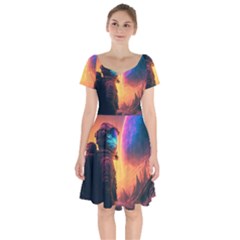 Illustration Trippy Psychedelic Astronaut Landscape Planet Mountains Short Sleeve Bardot Dress by Sarkoni