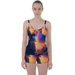 Illustration Trippy Psychedelic Astronaut Landscape Planet Mountains Tie Front Two Piece Tankini by Sarkoni