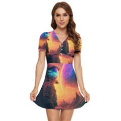 Illustration Trippy Psychedelic Astronaut Landscape Planet Mountains V-neck High Waist Chiffon Mini Dress by Sarkoni