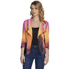 Illustration Trippy Psychedelic Astronaut Landscape Planet Mountains Women s One-button 3/4 Sleeve Short Jacket by Sarkoni