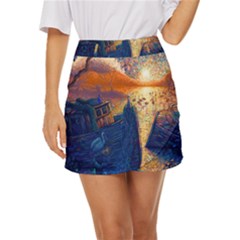 Digital Art Fantasy Impressionism Painting Ship Boat Psychedelic Peacock Mushroom Flamingos Hipwreck Mini Front Wrap Skirt by Sarkoni