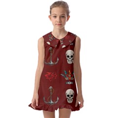 Tattoo Old School Background Pattern Kids  Pilgrim Collar Ruffle Hem Dress by Bedest