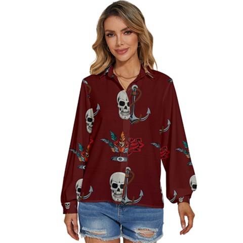 Tattoo Old School Background Pattern Women s Long Sleeve Button Up Shirt by Bedest