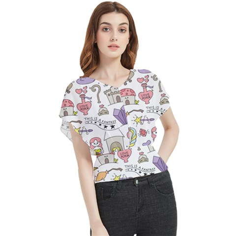 Fantasy Things Doodle Style Vector Illustration Butterfly Chiffon Blouse by Bedest