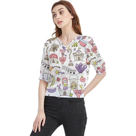 Fantasy Things Doodle Style Vector Illustration Quarter Sleeve Blouse by Bedest